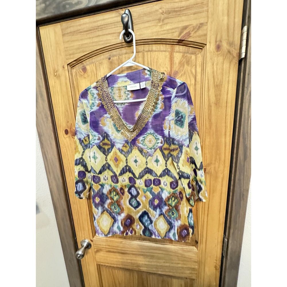 Chico's Women's Bohemian Patterned Sheer Tunic Blouse Metal Embroidered Size 0